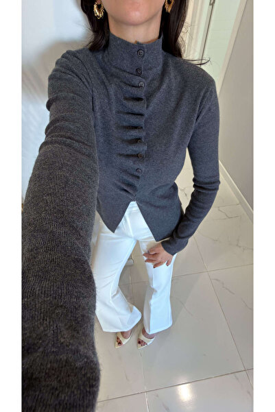 BİRCANÇİL Cessil Anthracite Self-Tie Cardigan