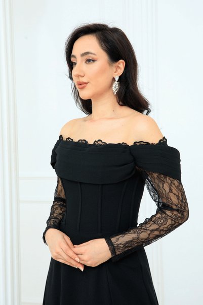 BEYBOS Crepe Balen Lace Detailed Long Evening Dress - Black