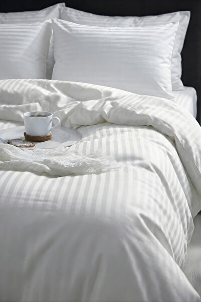 Nart Home Double Cotton - Satin 210 Tc (83 Thread) Striped Duvet Cover Set White