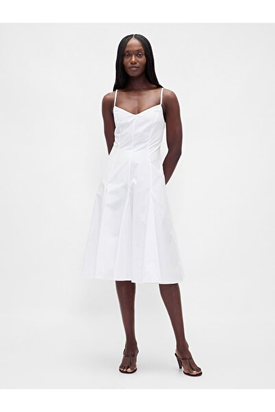 GAP Kadın Beyaz Seamed V-Yaka Midi Elbise