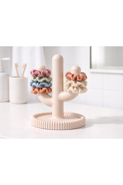 Lotus Kaktüs Tasarımlı Toka & Saç Lastiği Standı / Scrunchie Organizer (Krem)
