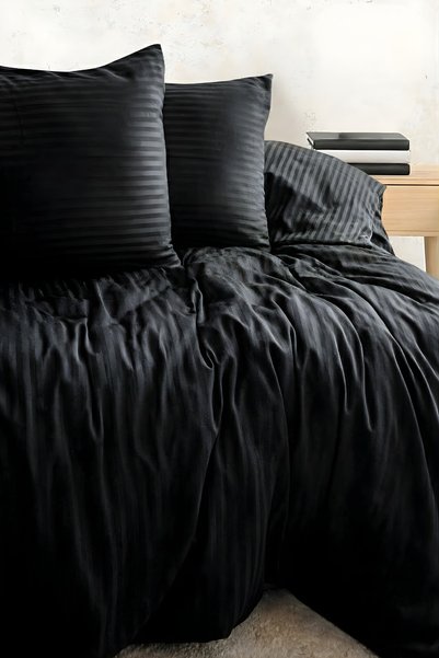 Nart Home طقم غطاء لحاف مخطط من القطن الساتان 210 TC (83 خيط) باللون الأسود