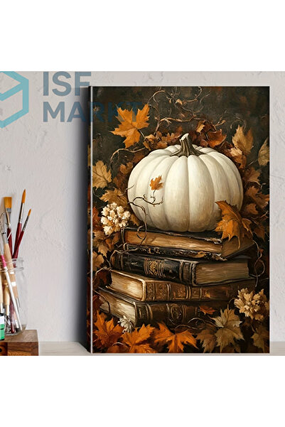 ISF MARKT Elmas Boyama Seti - Beyaz Balkabağı Altın Harfli Vintage Kitap Yığı...