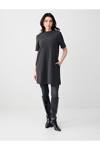 Jimmy Key Antrasit Melanj Yumuşak Dokulu Bisiklet Yaka Örme Mini Elbise