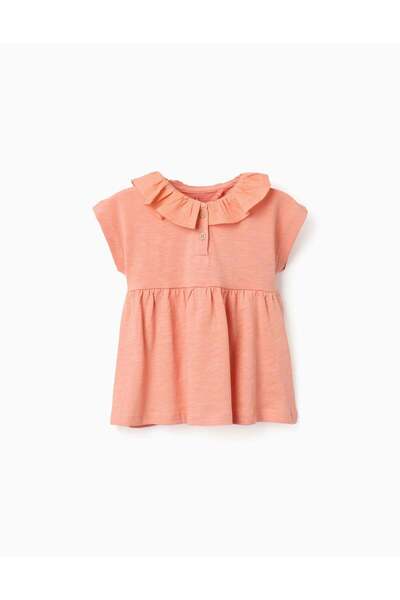 Ziddy Cotton T-Shirt With Ruffled Collar For Baby Girls, Salmon Orange