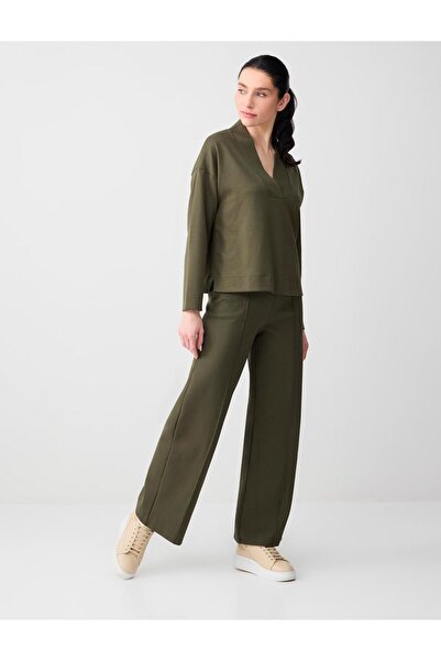 Jimmy Key Khaki Relaxed Fit Wide Leg High Waist Long Knitted Trousers
