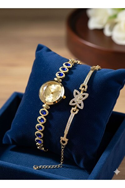 CAST COLLECTİON Kadın Gold Mavi Taş Detaylı Kol Saati ve Bileklik