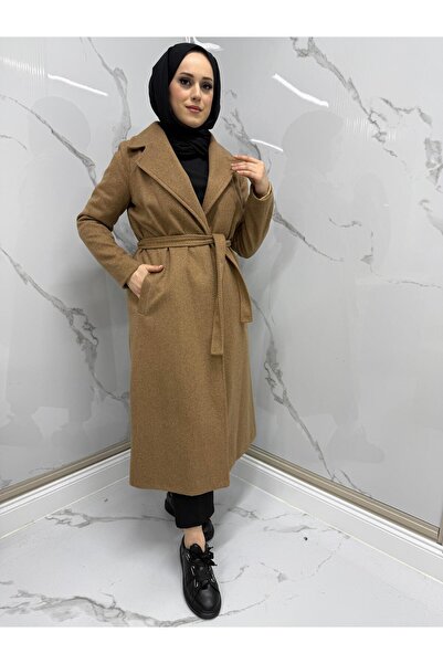 MODARTE Kadın Balık Sırtı Desenli Kaşe Kaban Koyu Kahve – Kışlık