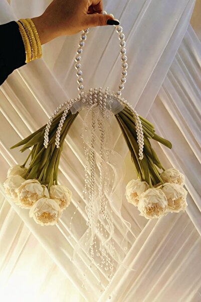 ADA HOME COLLECTION SHOP YENİ TREND GELİN İNCİLİ ŞAKAYIK BUKET MODEL KREM