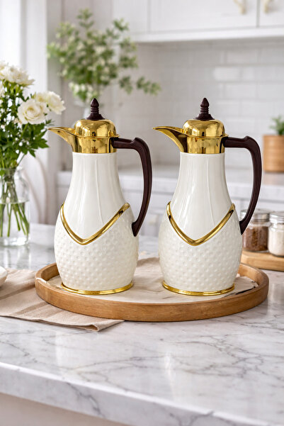 ABAREEK Ashwaq Thermos Set 1.0/1.0 Liter White Nickel Wooden Handle - Distinc...