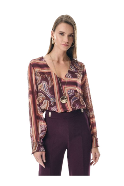 EXPLOSION V Yaka Desenli Şifon Bluz
