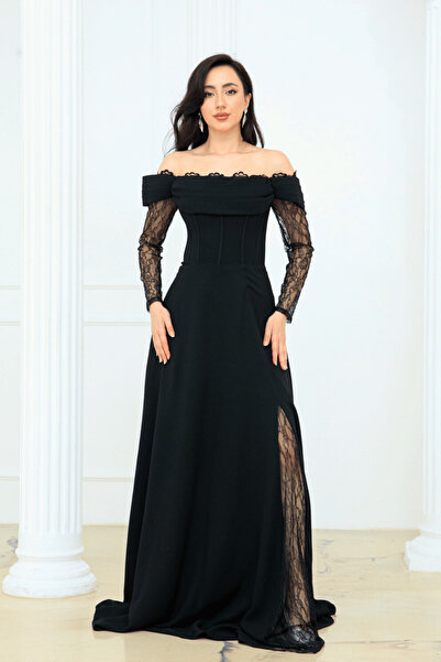 BEYBOS Βραδινό φόρεμα από ύφασμα κρεπ με λεπτομέρεια από δαντέλα - ΜΑΥΡΟ