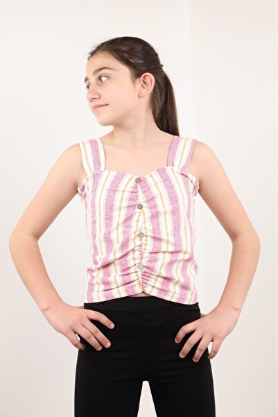 Toontoy Girl's Striped Square Neck Buttoned Gathered Undershirt