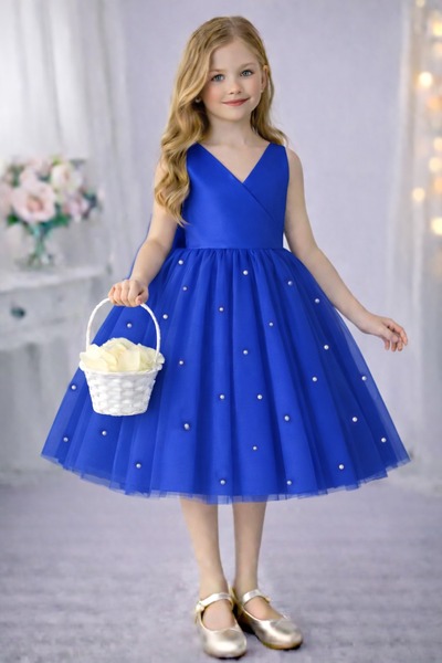 SUNEH Κοριτσίστικη φούστα Saks σε μπλε χρώμα με λεπτομέρεια από πέρλες, μίνι ...