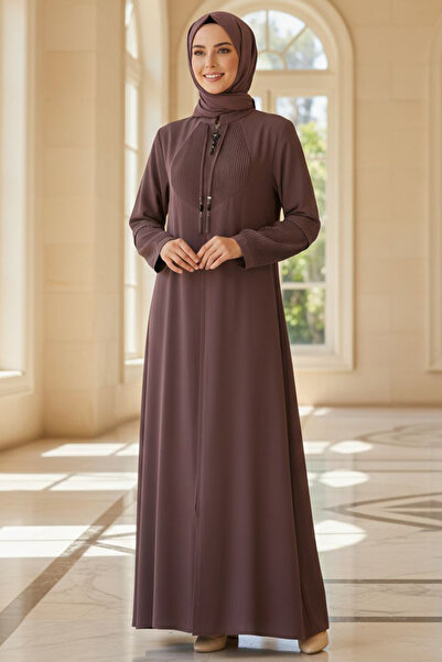 N.S NEVA STYLE Zippered Brown Hijab Abaya 45298Kh