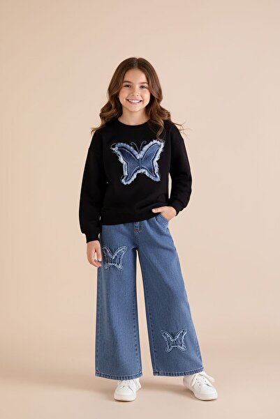 Cansın Mini Black Butterfly Embroidered Badili Jeans Pants Girls' 2-Piece Set...