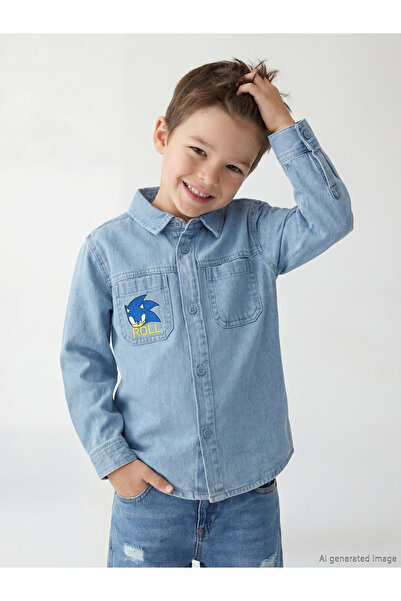 LC Waikiki قميص جينز للأولاد مطرز من إنديجو سونيك