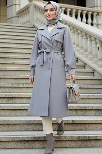 N.S NEVA STYLE Buttoned Gray Hijab Cashmere Coat 62531Gr