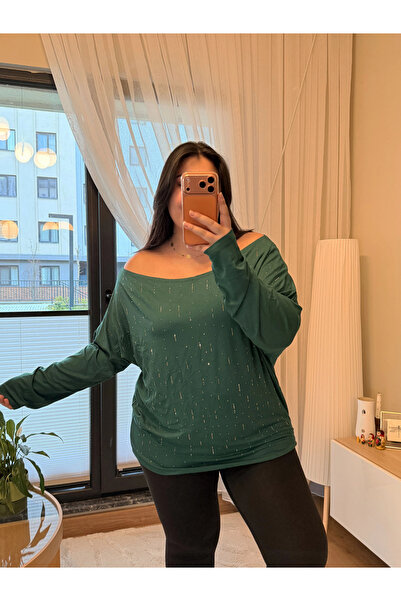 PASTEL BUTİK Kayık Yaka Taşlı Modal Bluz - Zümrüt