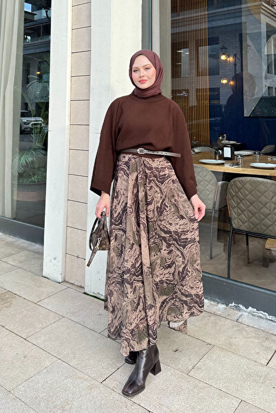 LOCCO Women's Abstract Patterned Skirt with Glitter Detail and Belt Mink