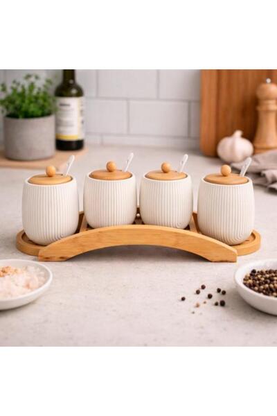 Generic Ceramic Spice Jar Set with Wooden Holder - 4 Pieces