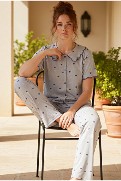 Siyah İnci Gray Heart Patterned Collared Buttoned Ribbed Camisole Knitted Paj...