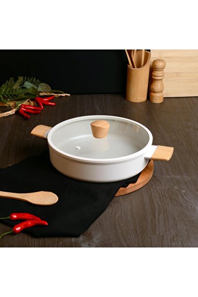 Belariva 28 CM BEYAZ AHSAP SAPLI BASIK TENCERE
