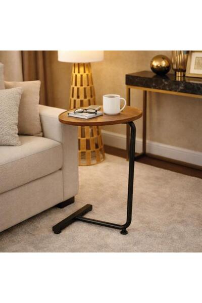 Generic Smart C-Shaped Side Table with Wooden Top and Metal Base