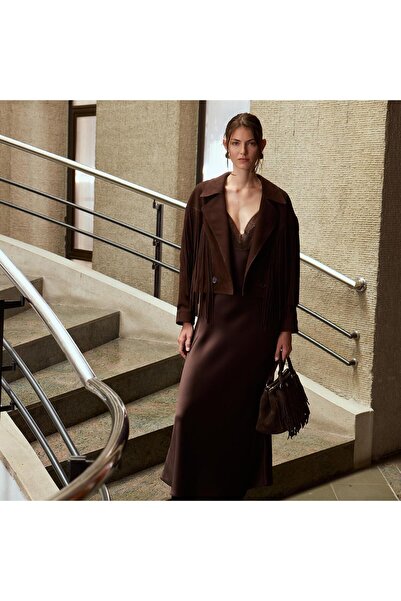 Desa Kadın Koyu Kahve Yakalı Püskül Detaylı Kısa Süet Ceket