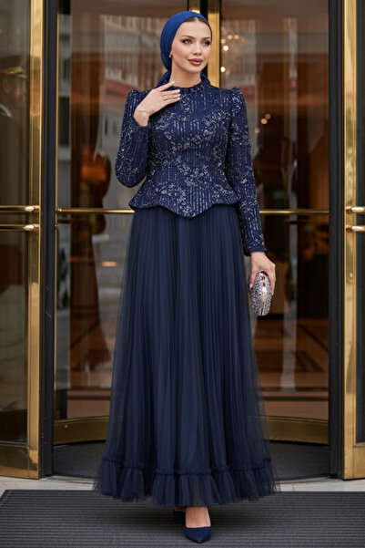 N.S NEVA STYLE Beaded Embroidered Navy Blue Hijab Evening Dress 55041L