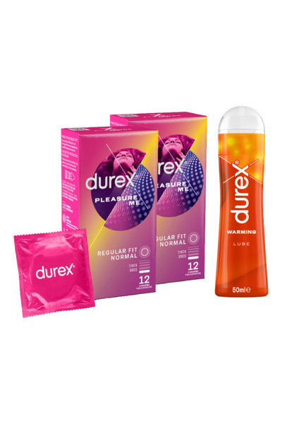 Durex Pachet Prezervative Pleasure Me 2 x 12 bucati + Lubrifiant Warming 50 ml