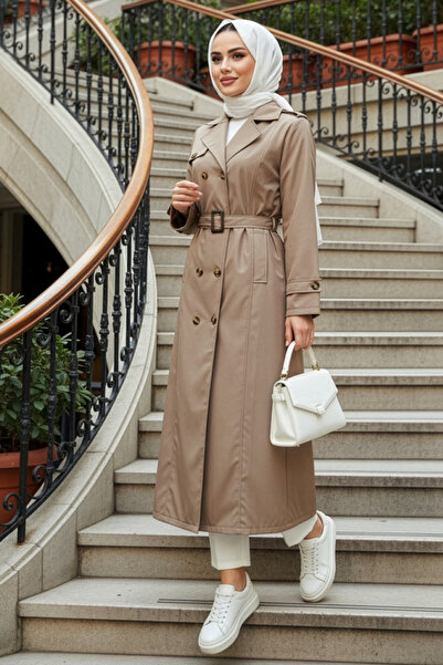N.S NEVA STYLE Buttoned Biscuit Hijab Trench Coat 7261Bs