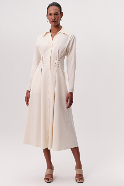 Exquise Bird's Eye Detail Pocketed Shirt Collar Regular Midi Dress