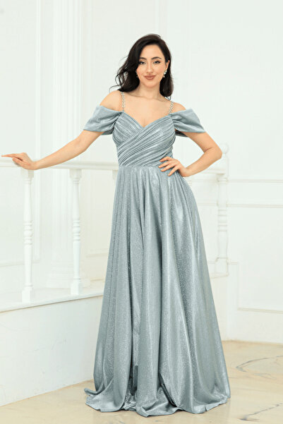 BEYBOS Glitter Crepe Fabric Gathered Strap Evening Dress - Mint Green