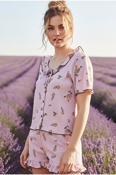 Siyah İnci Lilac Floral Patterned Bürümcük-Krınkıl Buttoned Shorts Set26120125
