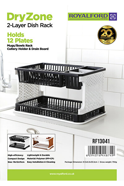 ROYALFORD DryZone 2-Layer Dish Rack RF13041 Plastic upto 12 Plate Kitchen Org...