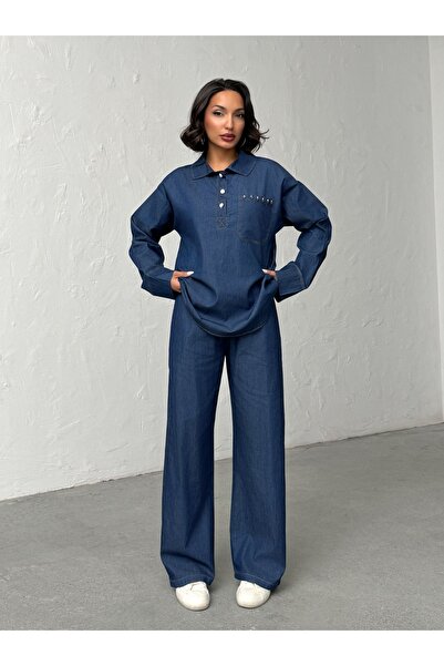 BEJNA Women's Stylish Button Detailed Top and Bottom Denim Set