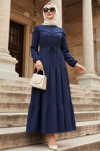 N.S NEVA STYLE Buttoned Navy Blue Hijab Dress 10213L