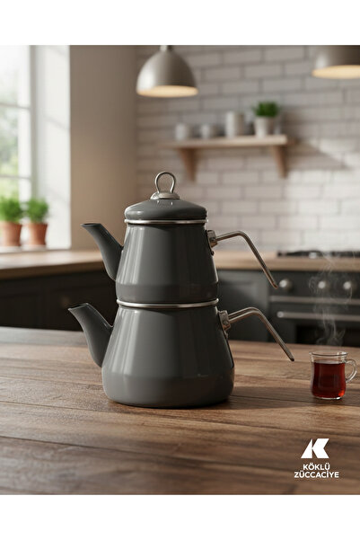Köklü Züccaciye Antrasit Renk Emaye Çaydanlık Takımı