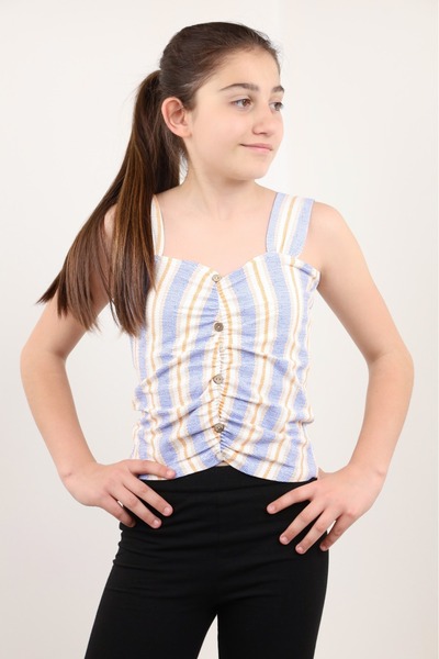 Toontoy Girl's Striped Square Neck Buttoned Gathered Undershirt