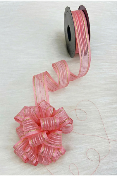 ZEYMERADE Çekmeli Şifon Kurdele Somon Gold Sim 2,5cm 20mt, Gelin, Bohça, Çeyi...