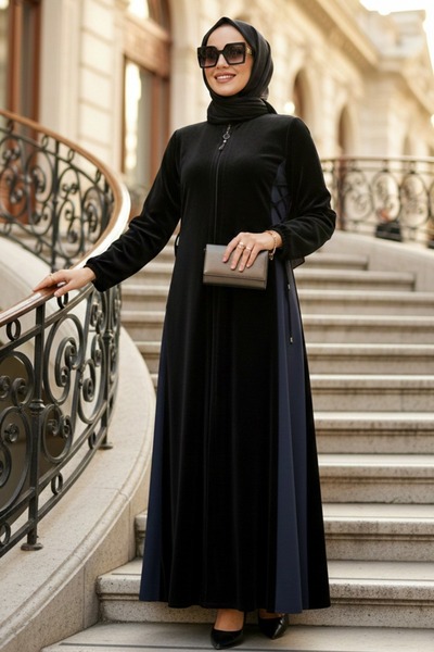 N.S NEVA STYLE Zippered Black Smoked Hijab Ferace 45308Sfu