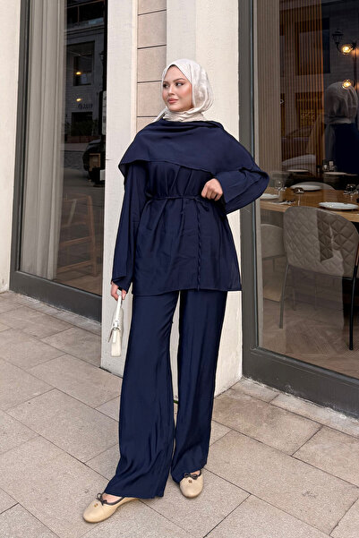 LOCCO Women's Shawl Detailed Waist Tie Set Navy Blue