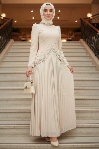 N.S NEVA STYLE Μπεζ Φόρεμα Χιτζάμπ με Λεπτομέρειες από Χάντρες 54361BEJ