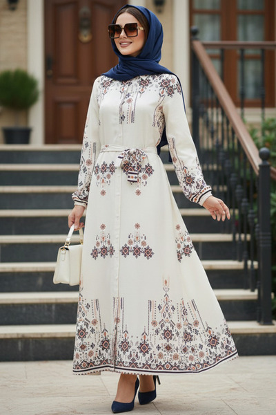 N.S NEVA STYLE Floral Patterned Cream Hijab Dress 24084Kr