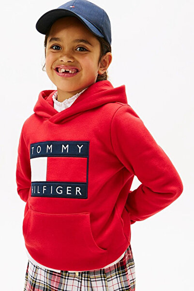 Tommy Hilfiger Unisex Kids Heritage Flag Hoodie Sweatshirt - Red