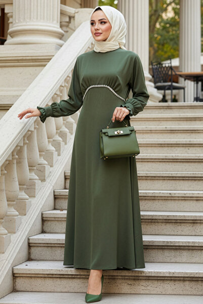 N.S NEVA STYLE Beaded Detailed Khaki Hijab Satin Evening Dress 62471Hk