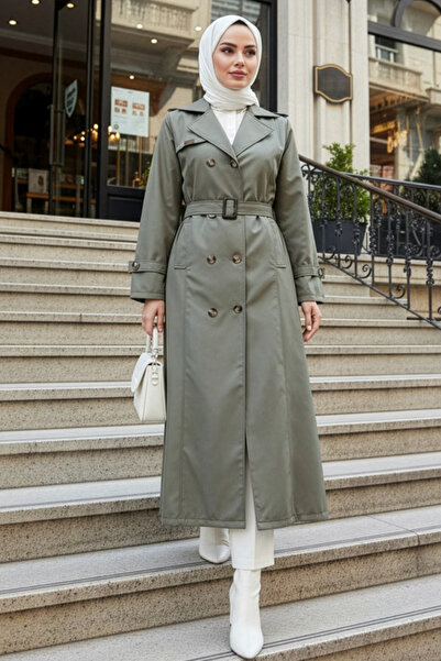 N.S NEVA STYLE Buttoned Khaki Hijab Trench Coat 7261Hk