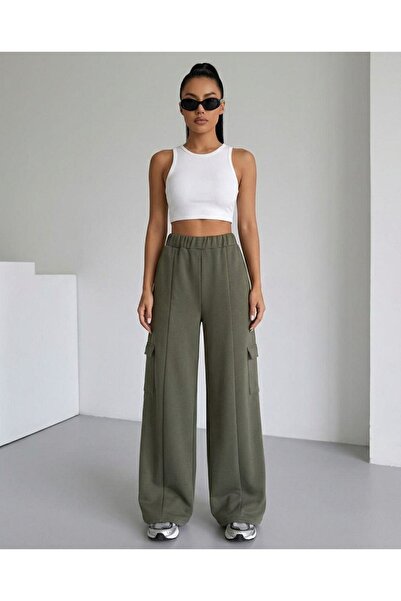 Grenj Fashion Khaki Cargo Pocket Soft Textured Wide Leg Knitted Trousers