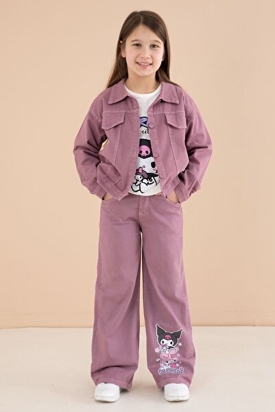 Cansın Mini Gül Kurusu Cep Detaylı Ceketli Baskılı Tişörtlü Kız Çocuk 3lü Pan...